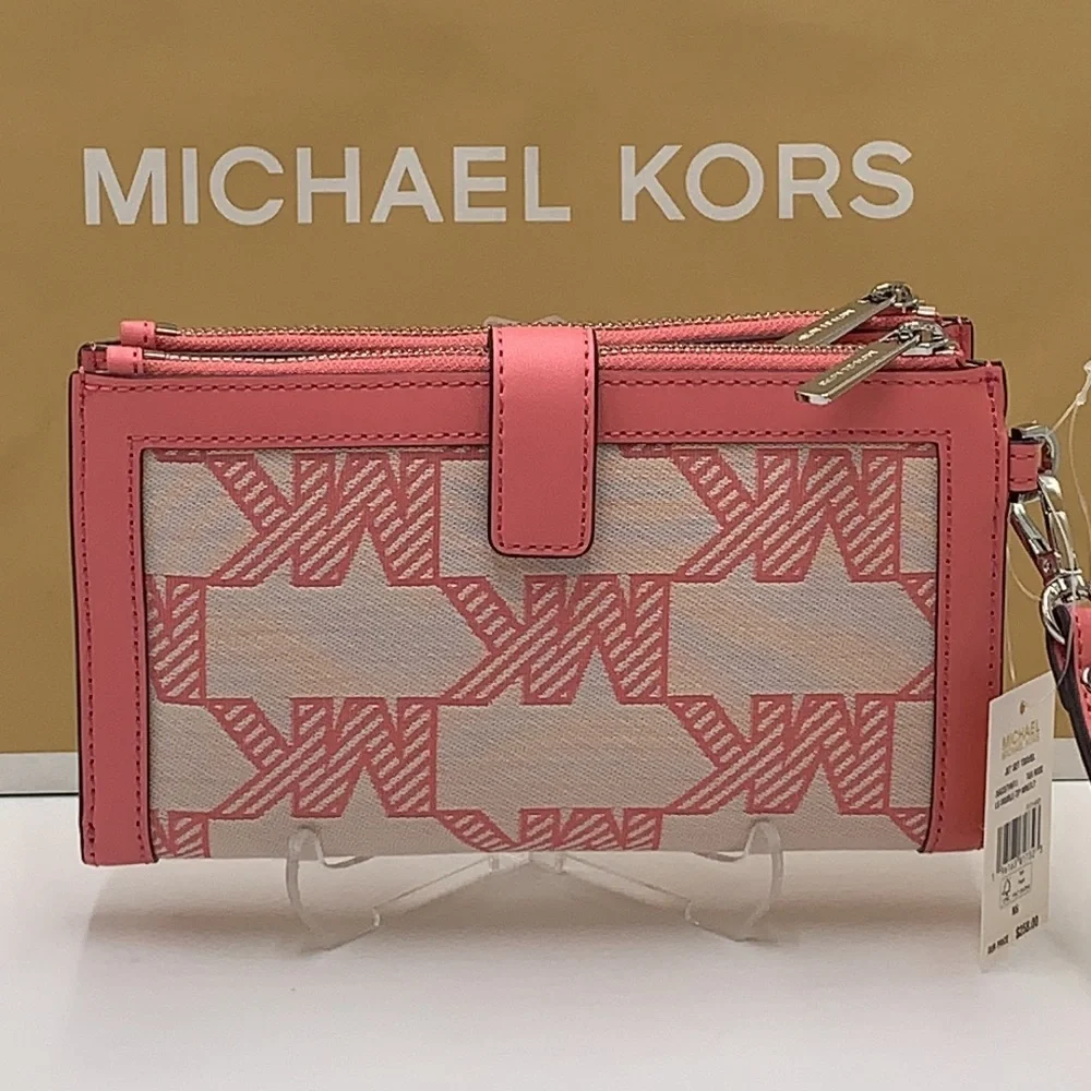 MICHAEL KORS JET SET TRAVEL LARGE DOUBLE ZIP WRISTLET WALLET TEA ROSE COLOR
